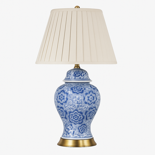 Lampe à poser LED en céramique bleu avec abat-jour blanc style Japonais