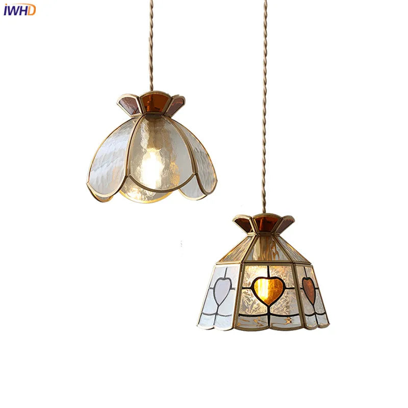 Suspension vintage en cuivre avec abat-jour en verre fait main