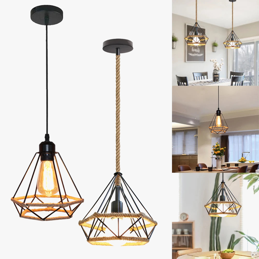 lampe suspendue vintage industrielle en fer et corde de chanvre