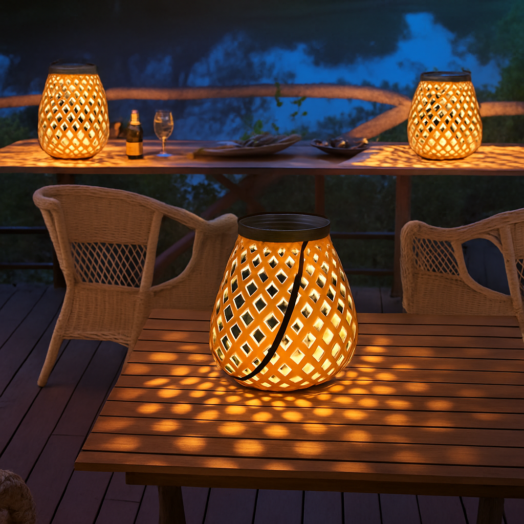 lanterne solaire extérieure suspendue en imitation bambou pour jardin terrasse - vue 3 sur 6