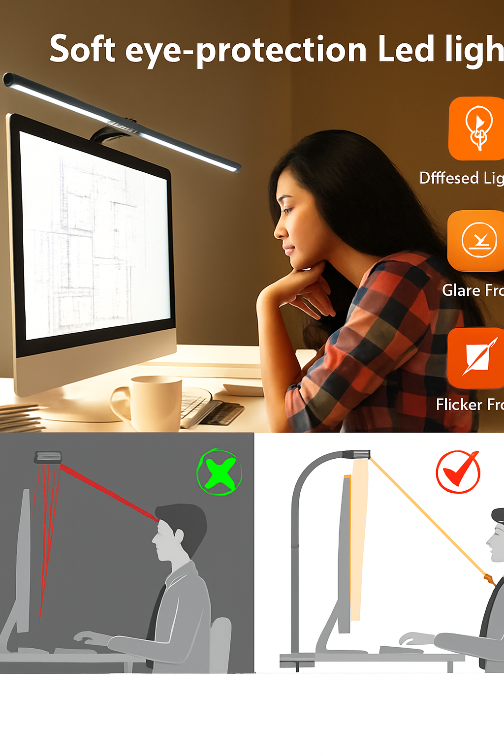 LAOPAO Lampe de bureau LED à double tête Lampes de bureau d'architecte EU/US Bureau 24W 5 modes de couleur les plus lumineux et 5 lampes de protection des yeux à intensité variable - vue 6 sur 10
