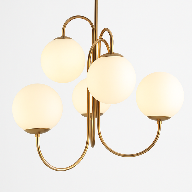 Lustre design avec branches dorées et boule de verre