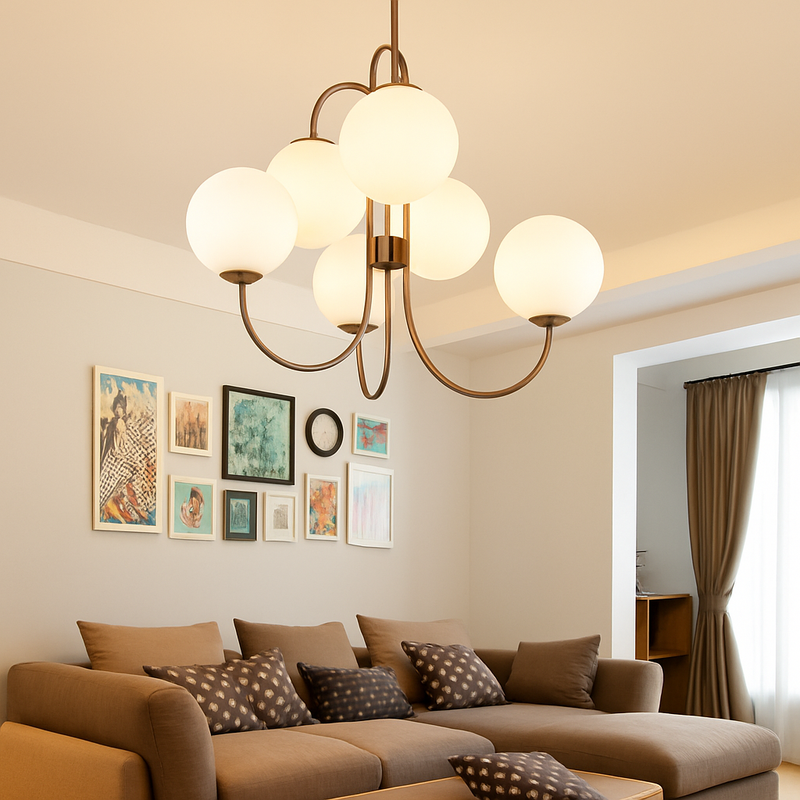 Lustre design avec branches dorées et boule de verre