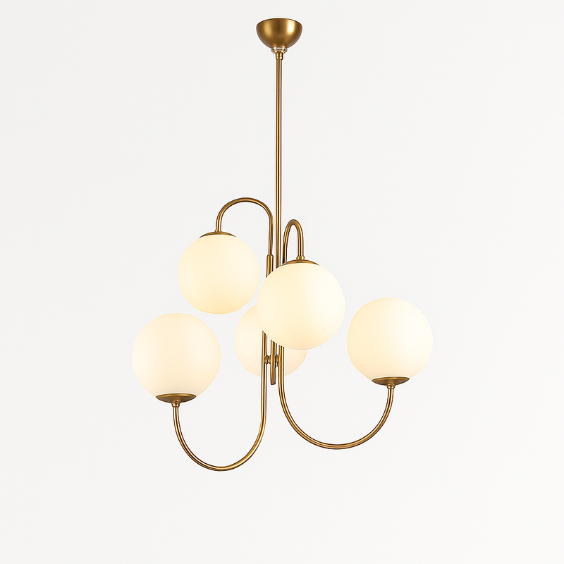 Lustre design avec branches dorées et boule de verre