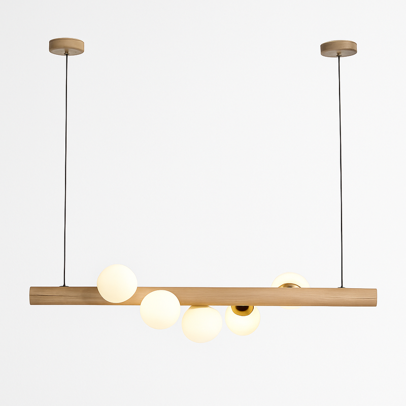 Lustre en bois LED avec plusieurs sphères au style scandinave