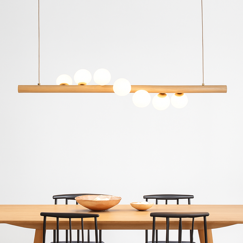 Lustre en bois LED avec plusieurs sphères au style scandinave
