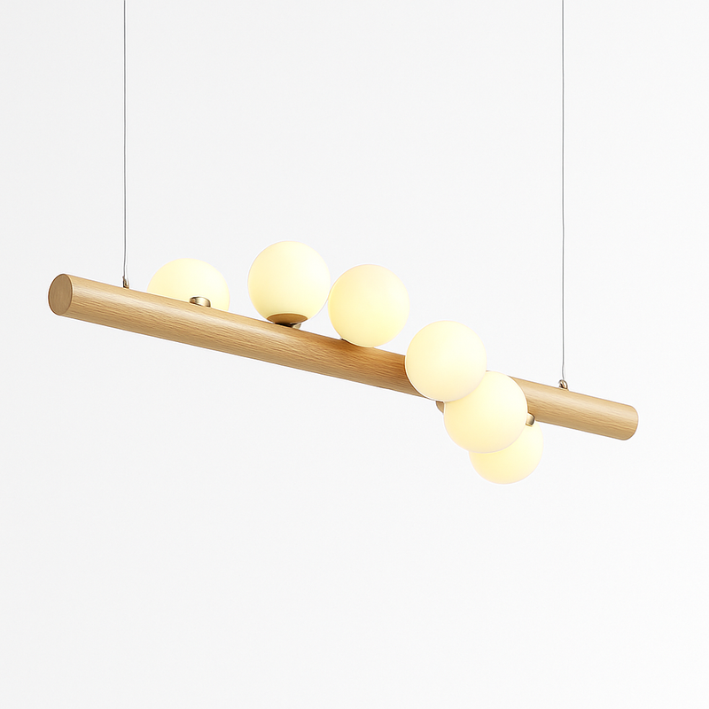Lustre en bois LED avec plusieurs sphères au style scandinave