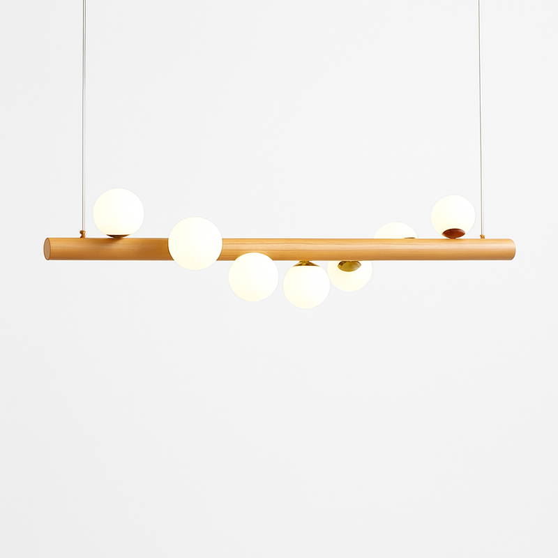 Lustre en bois LED avec plusieurs sphères au style scandinave