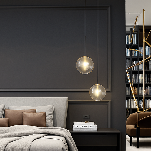 lustre led luxe noir boule verre déco intérieur hall restaurant salle manger