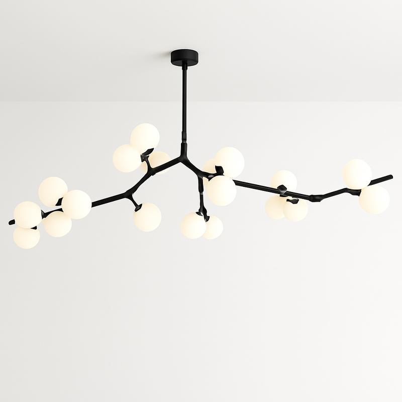 lustre moderne led avec branches d'arbre et boules de verre