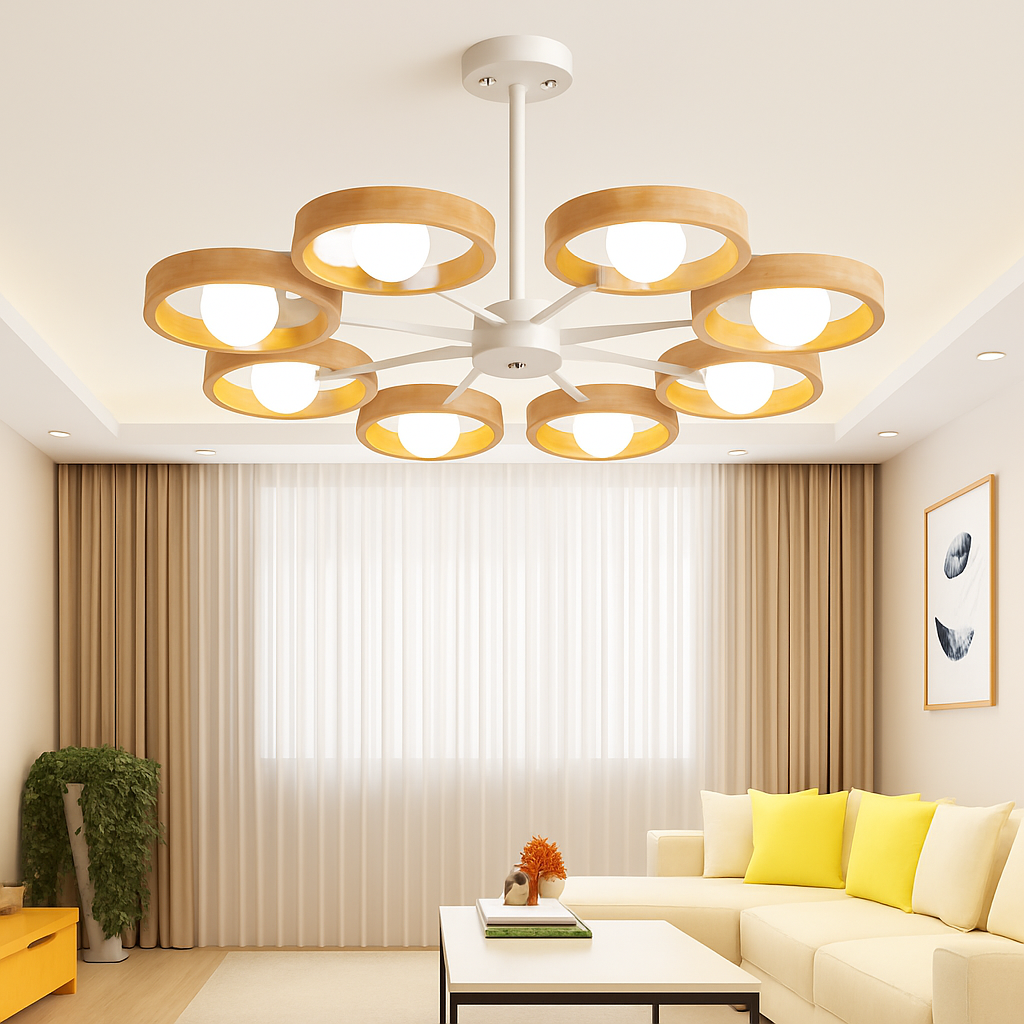 lustre nordique en bois avec abat-jour rond suspendu - vue 4 sur 12