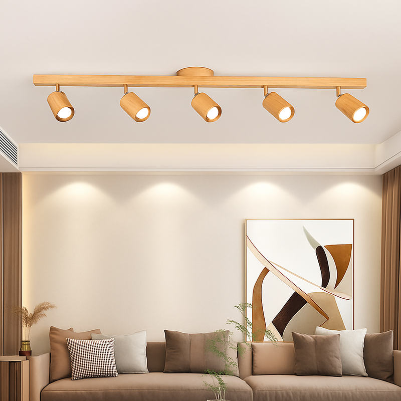 lustre nordique en bois de noyer avec projecteurs pour photos