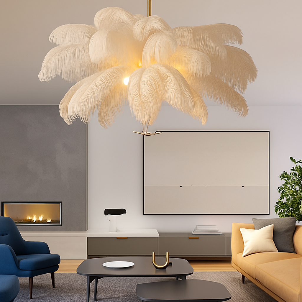 lustre nordique en plumes d'autruche naturelles suspendu - vue 4 sur 13