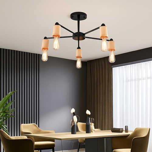 Industrieller Sputnik-Kronleuchter aus Holz und Eisen modern - vue 3 sur 10