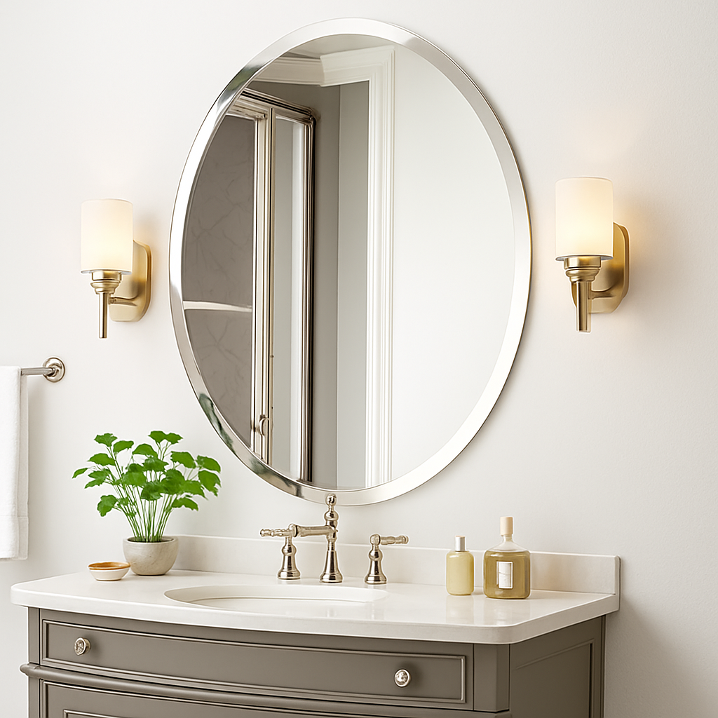 miroir mural ovale sans cadre haute définition avec bord argenté biseauté