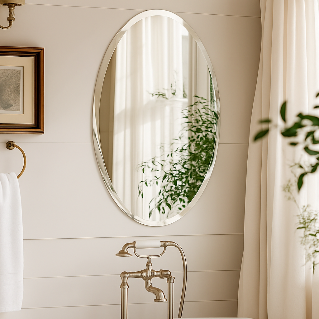 miroir mural ovale sans cadre haute définition avec bord argenté biseauté - vue 5 sur 8