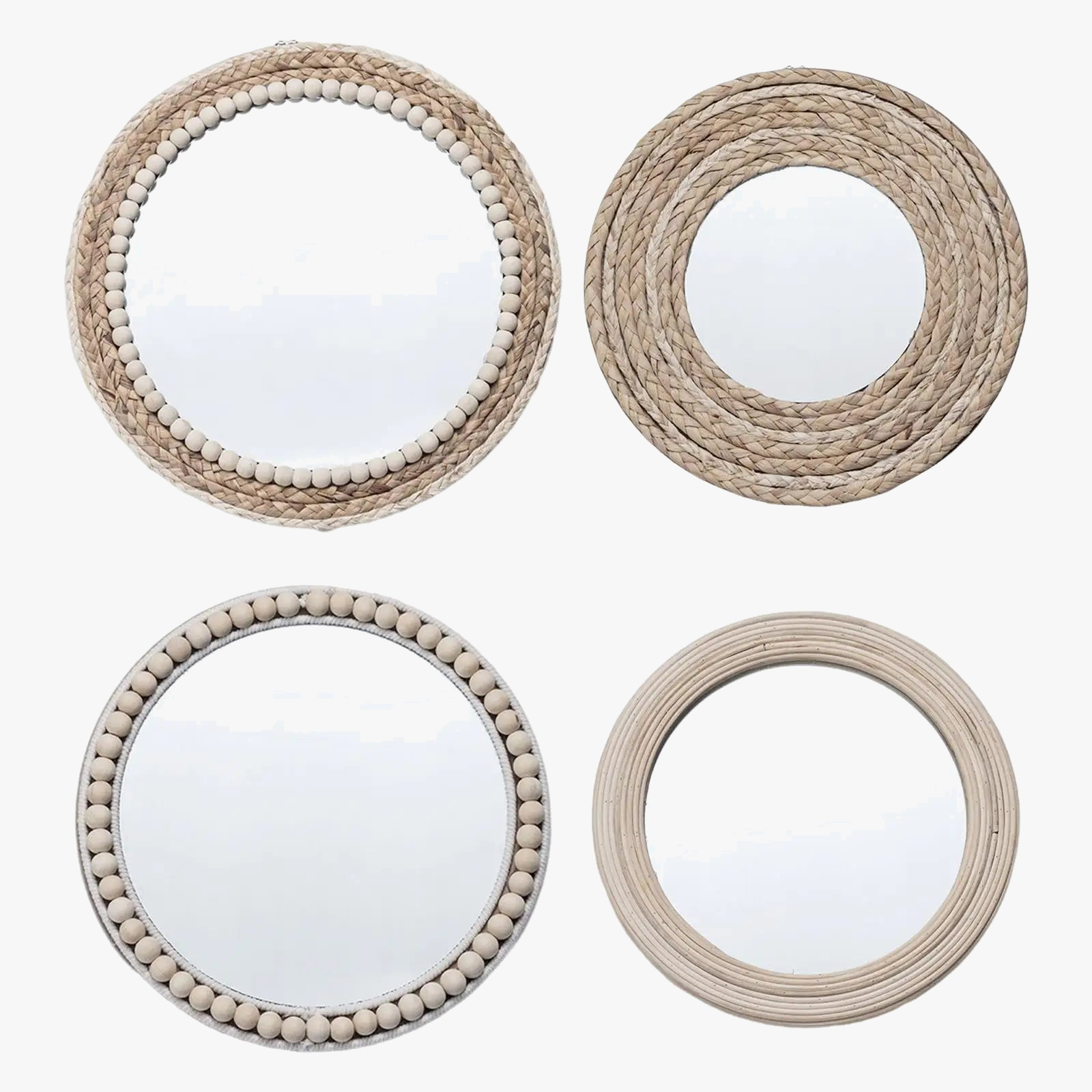 miroir rond en corde de paille avec perles décoratives en bois