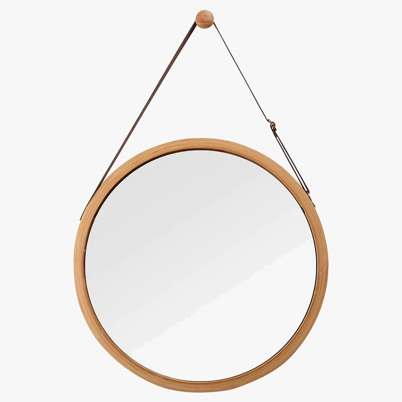 miroir rond suspendu en bambou avec sangle en cuir réglable