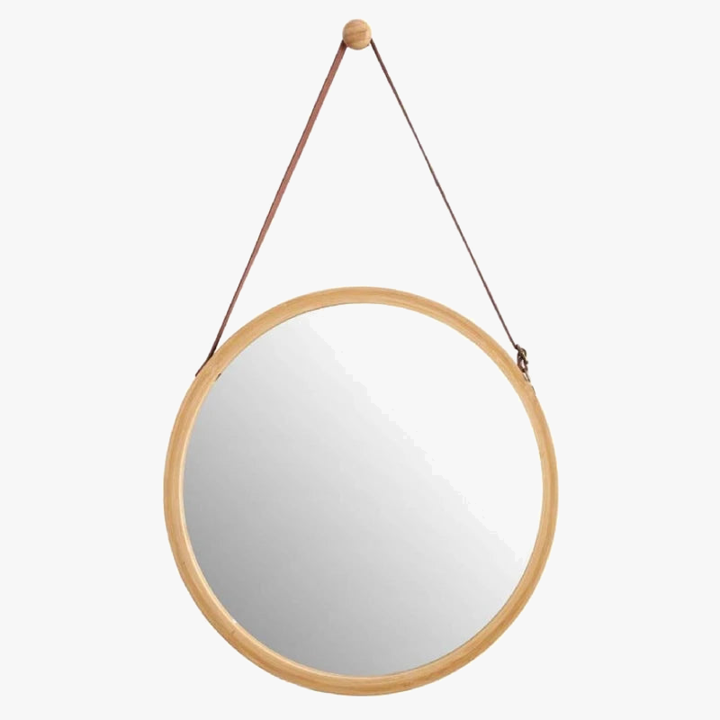 miroir rond suspendu en bambou avec sangle en cuir réglable
