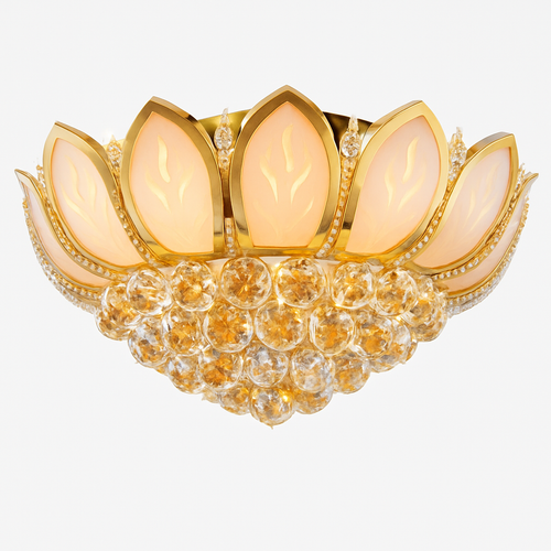 Plafonnier antique doré en verre et cristal Lotus Flower