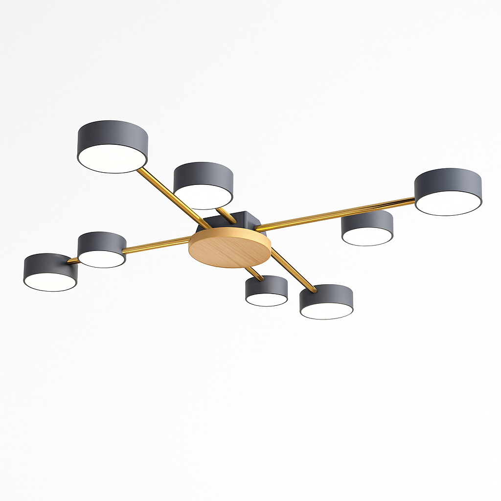 Plafonnier LED design en métal et bois avec plusieurs lampes rondes Aibiou - vue 11 sur 12