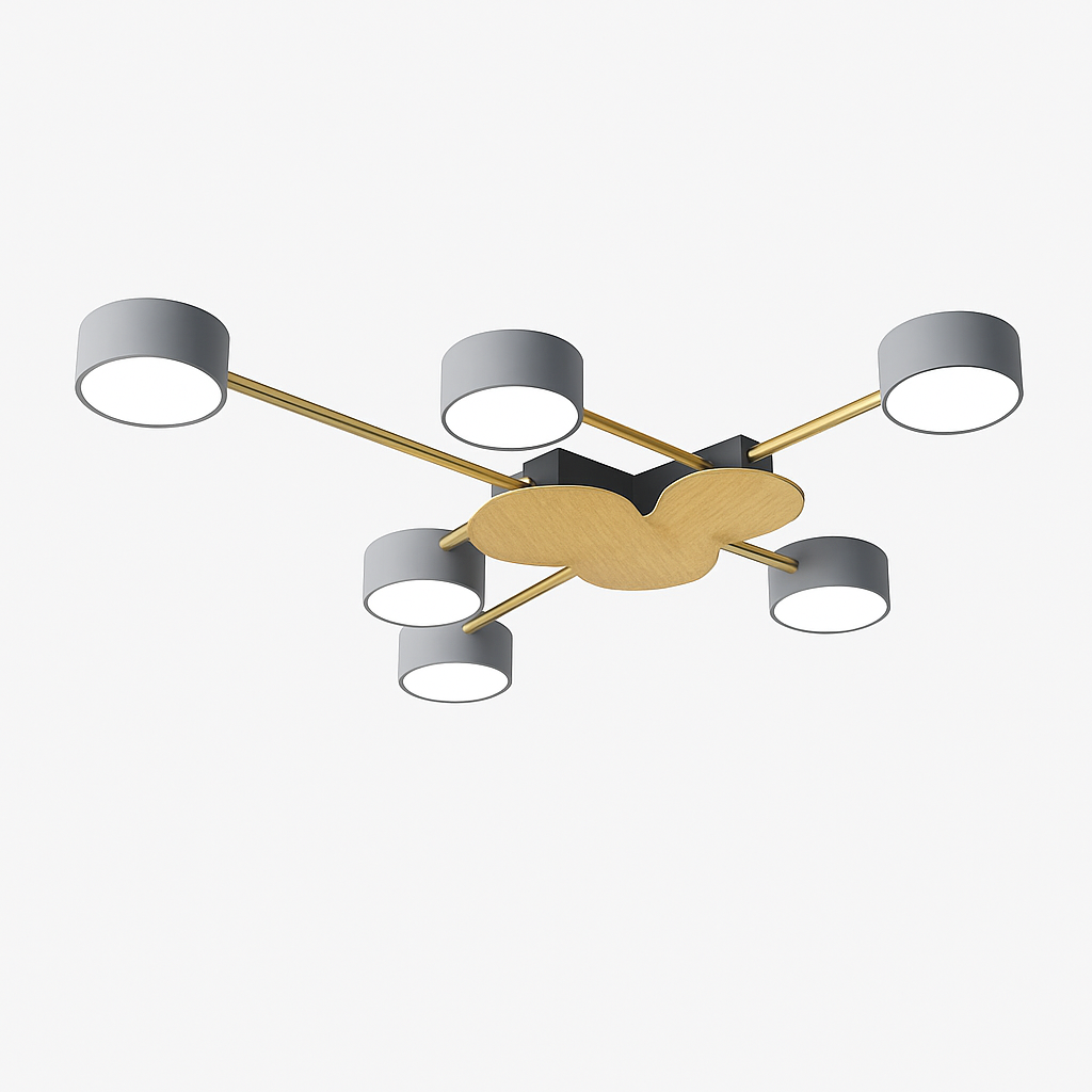 Plafonnier LED design en métal et bois avec plusieurs lampes rondes Aibiou - vue 6 sur 12