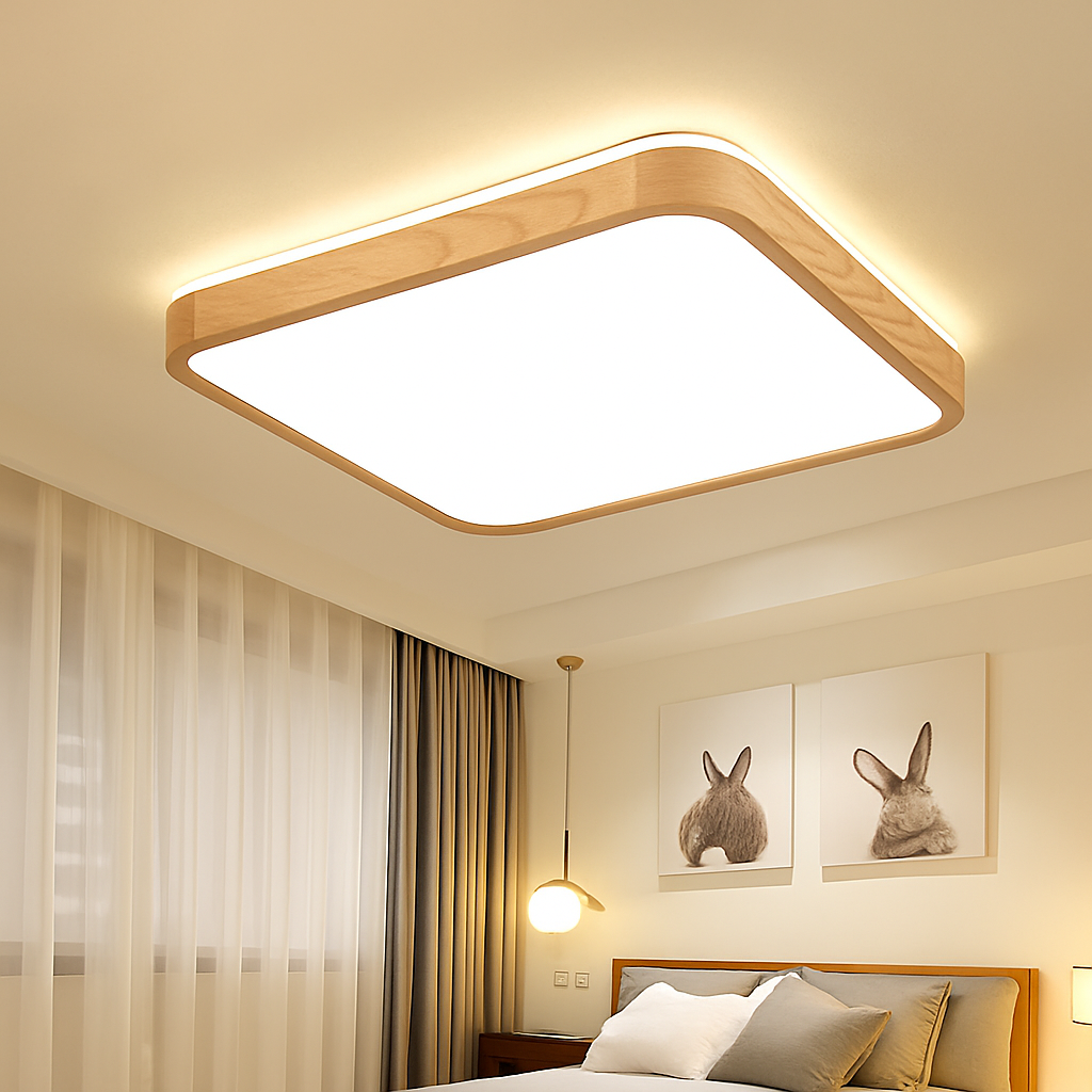 plafonnier led rond carré bois dimmable avec télécommande - vue 3 sur 15