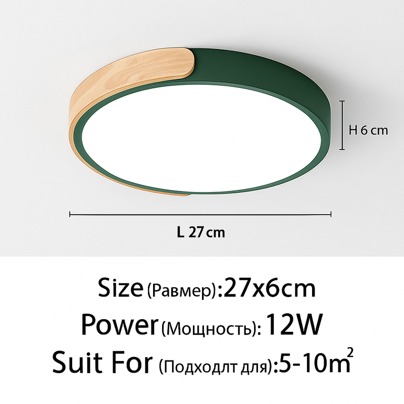 Plafonnier LED rond en métal et bois arrondi Macaron