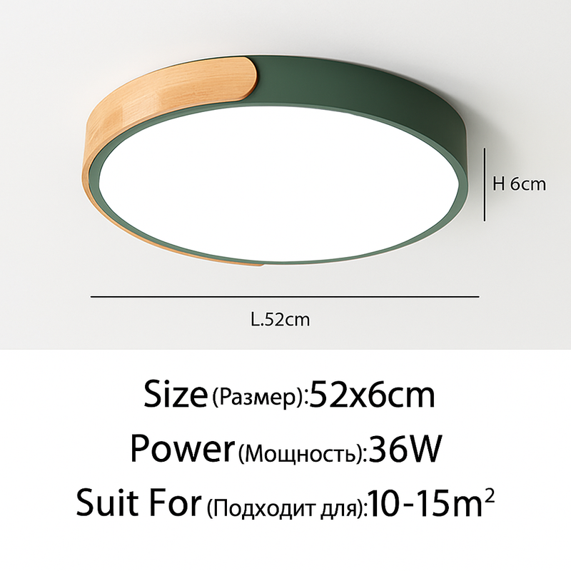 Plafonnier LED rond en métal et bois arrondi Macaron