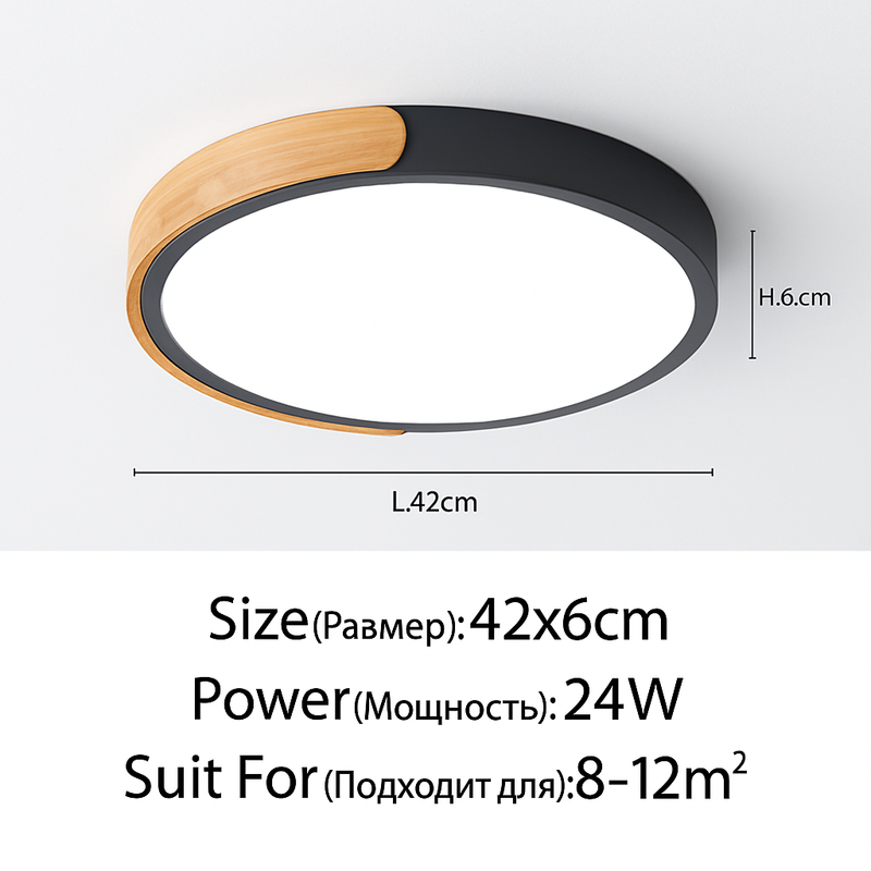 Plafonnier LED rond en métal et bois arrondi Macaron