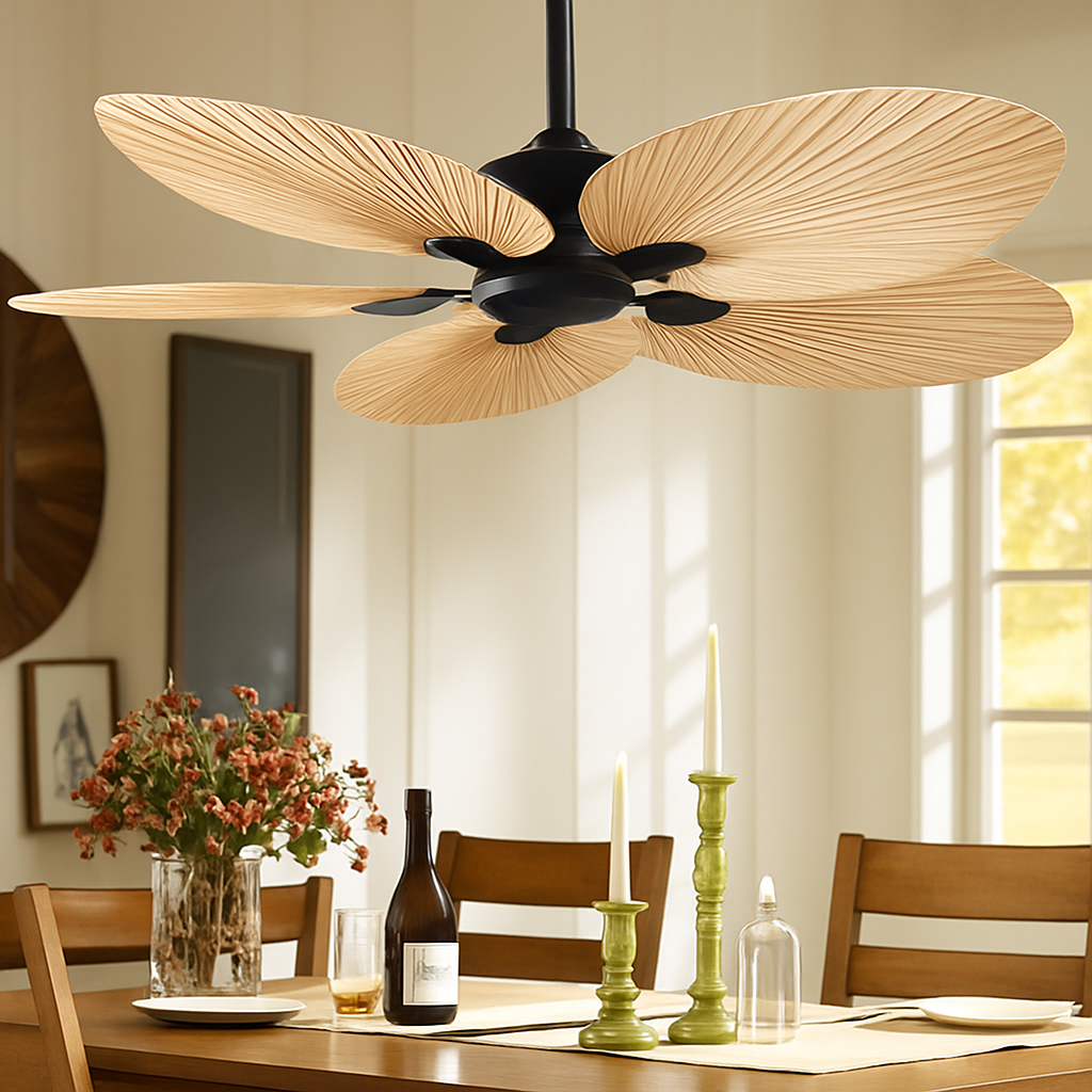 plafonnier ventilateur de plafond avec télécommande et pales en palmier naturel - vue 5 sur 7