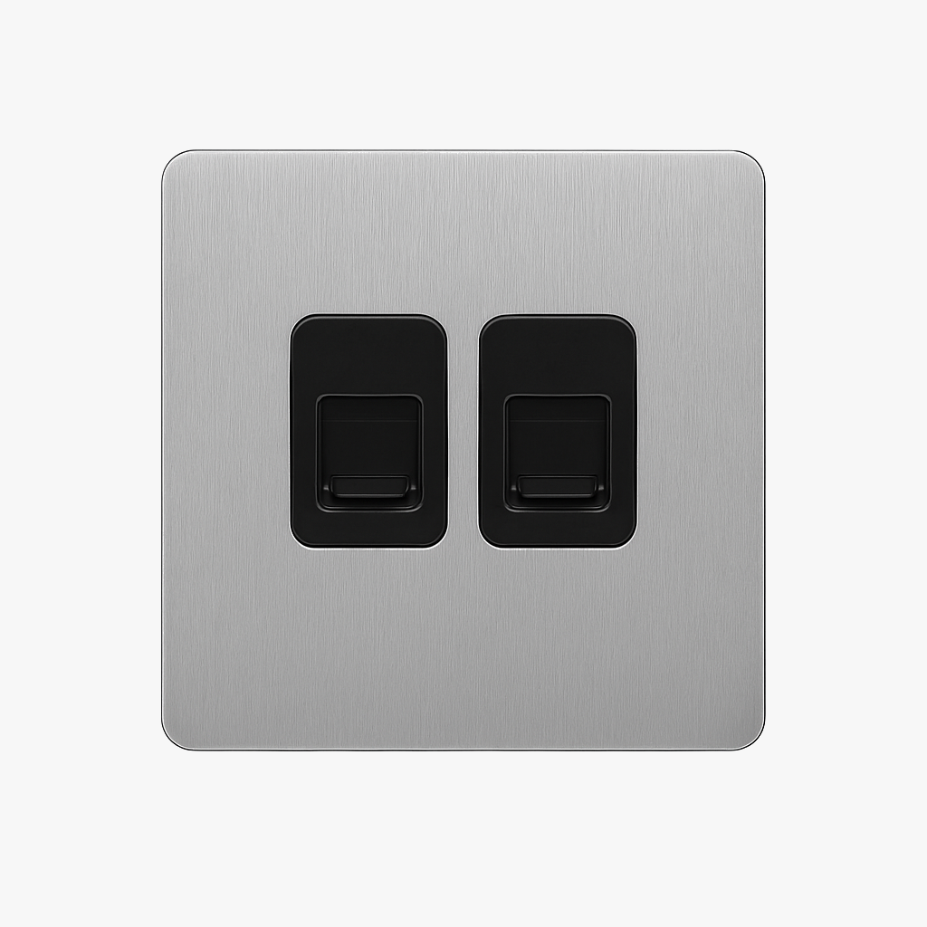 Prise double RJ45 en acier gris clair brossé bords arrondis