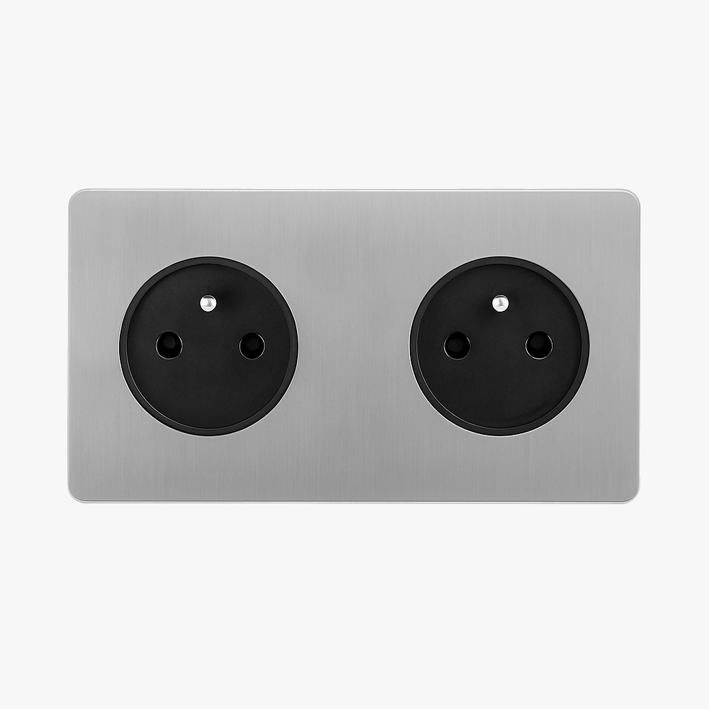 Prise électrique double en acier gris clair brossé bords arrondis