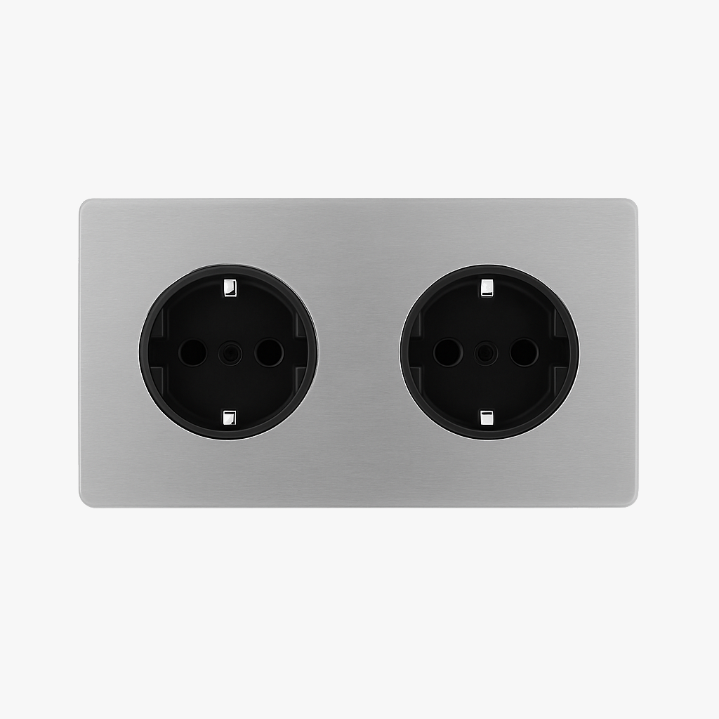 Prise électrique double (Europe) en acier gris clair brossé bords arrondis