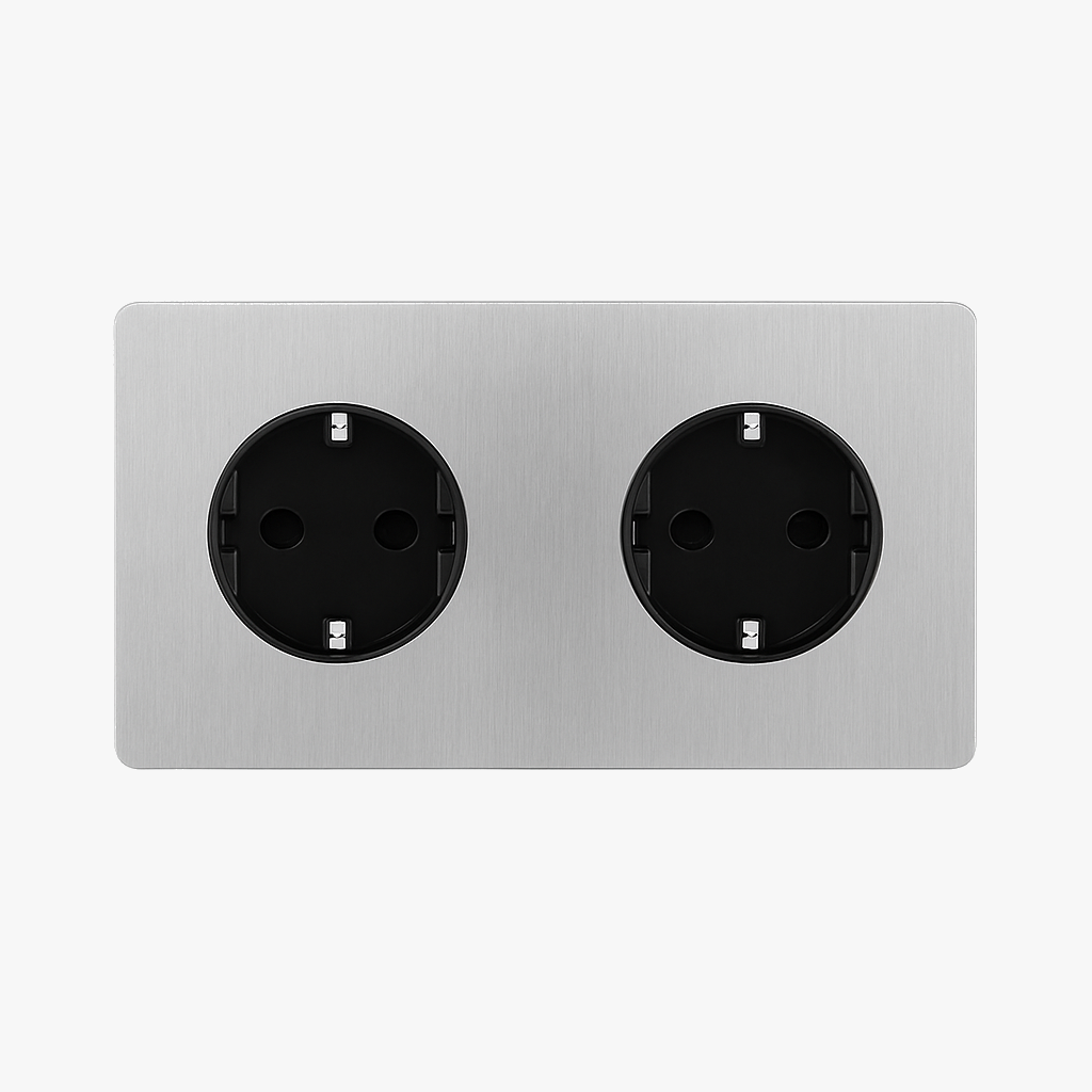 Prise électrique double (Europe) en acier gris clair brossé bords arrondis