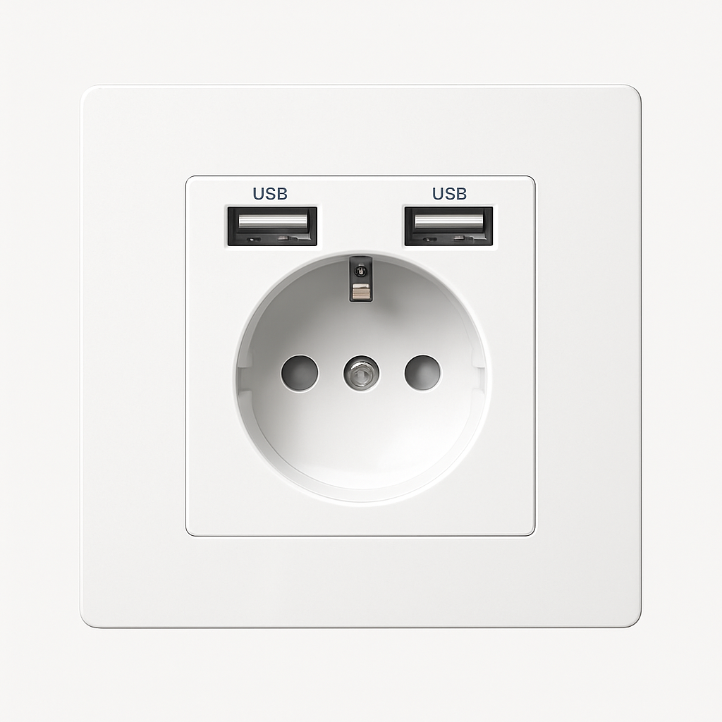 Prise électrique et double USB en acier blanc mat bords arrondis