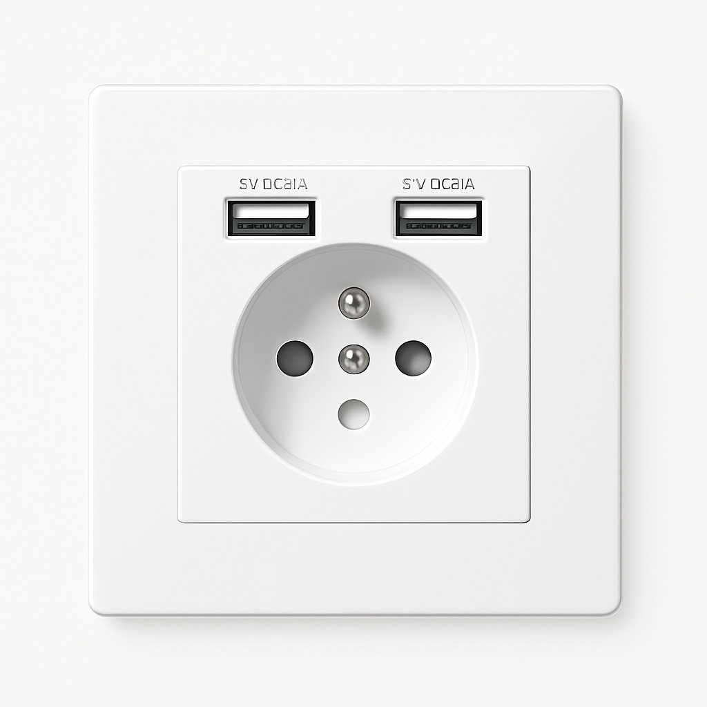 Prise électrique et double USB en acier blanc mat bords arrondis