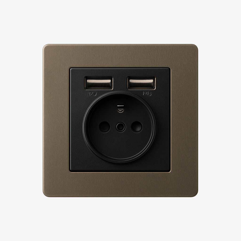 Prise électrique et double USB en acier bronze vieilli bords arrondis
