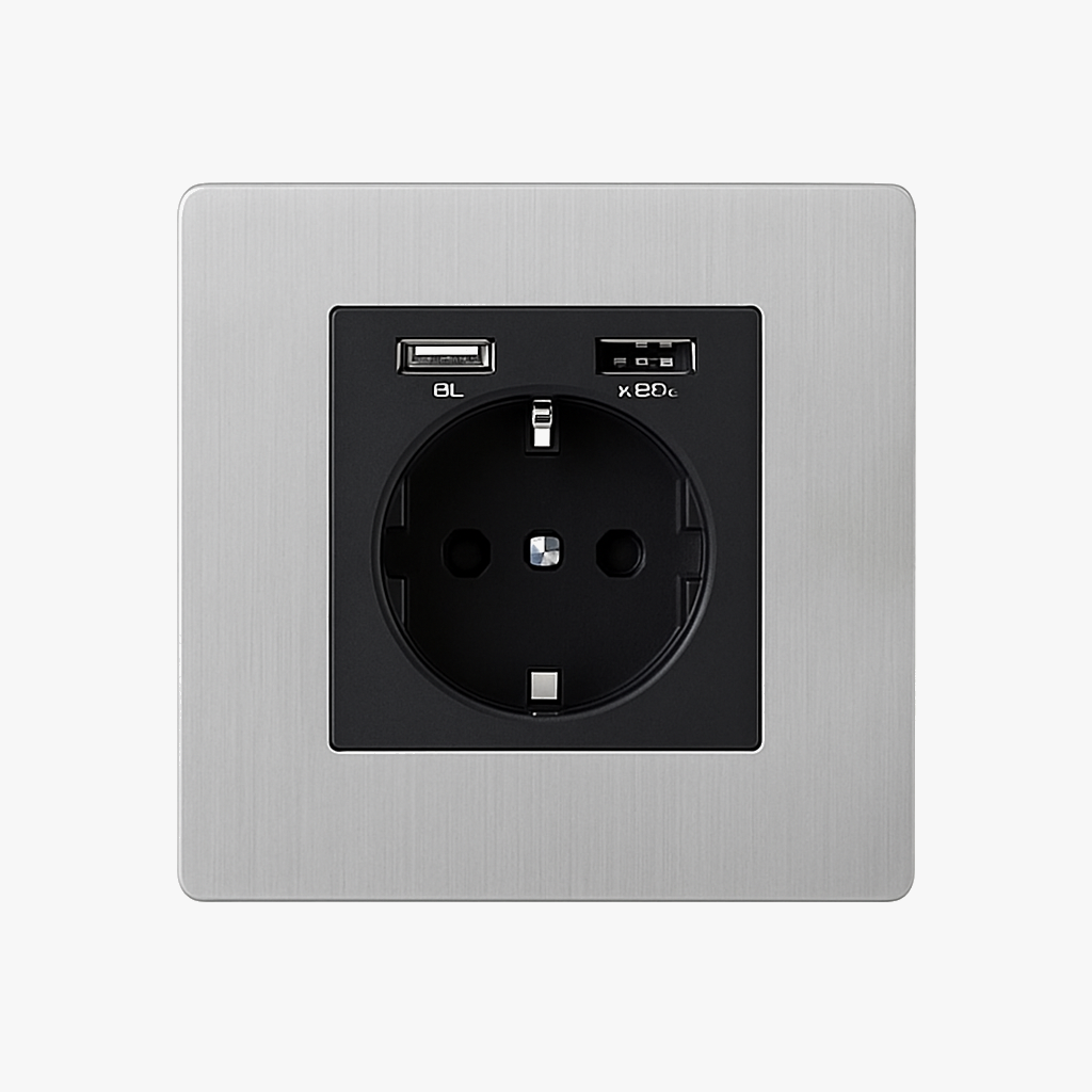 Prise électrique et double USB et USB type C (Europe) en acier gris clair brossé bords arrondis