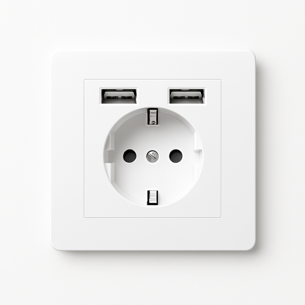 Prise électrique et double USB (Europe) en acier blanc mat bords arrondis