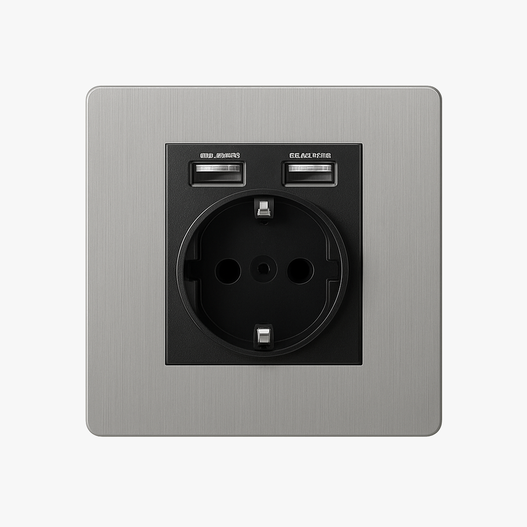 Prise électrique et double USB (Europe) en acier gris clair brossé bords arrondis
