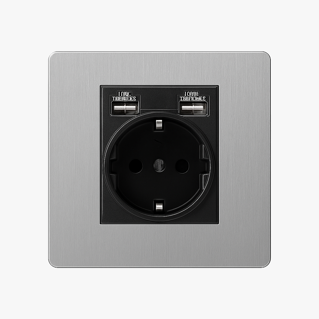 Prise électrique et double USB (Europe) en acier gris clair brossé bords arrondis