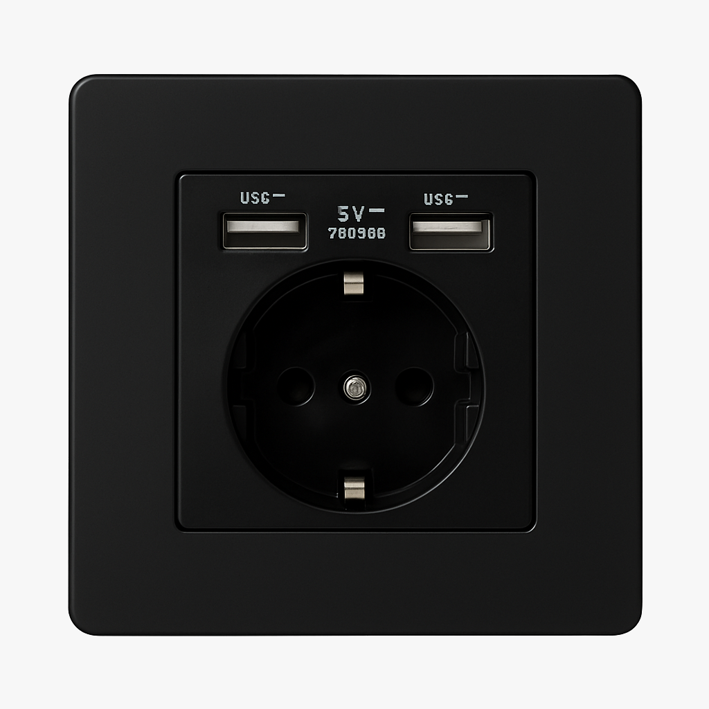 Prise électrique et double USB (Europe) en acier noir mat bords arrondis