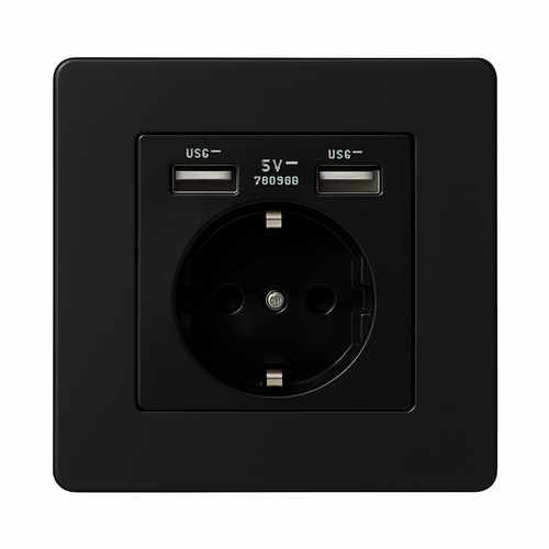 Prise électrique et double USB (Europe) en acier noir mat bords arrondis