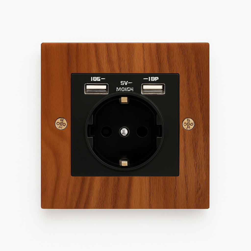 Prise électrique et double USB (Europe) en bois et vis dorées
