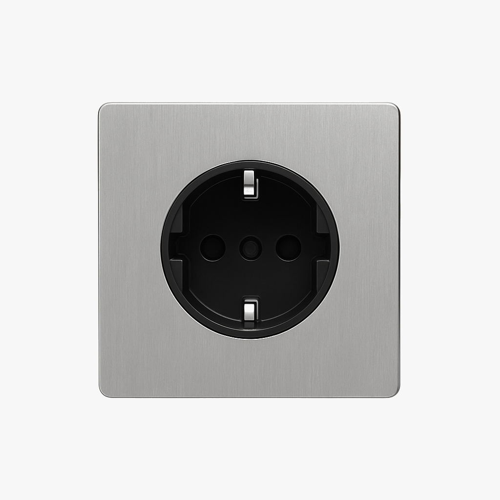 Prise électrique (Europe) en acier gris clair brossé bords arrondis