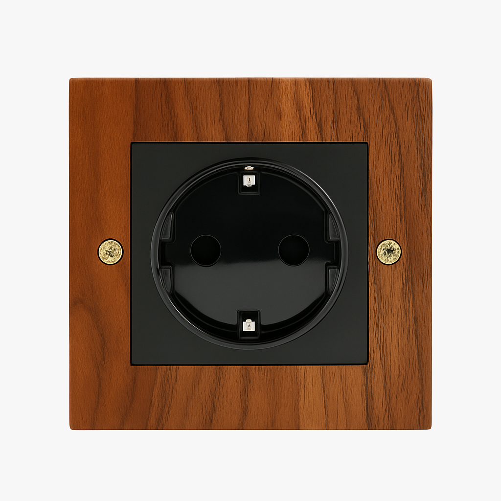 Prise électrique (Europe) en bois et vis dorées