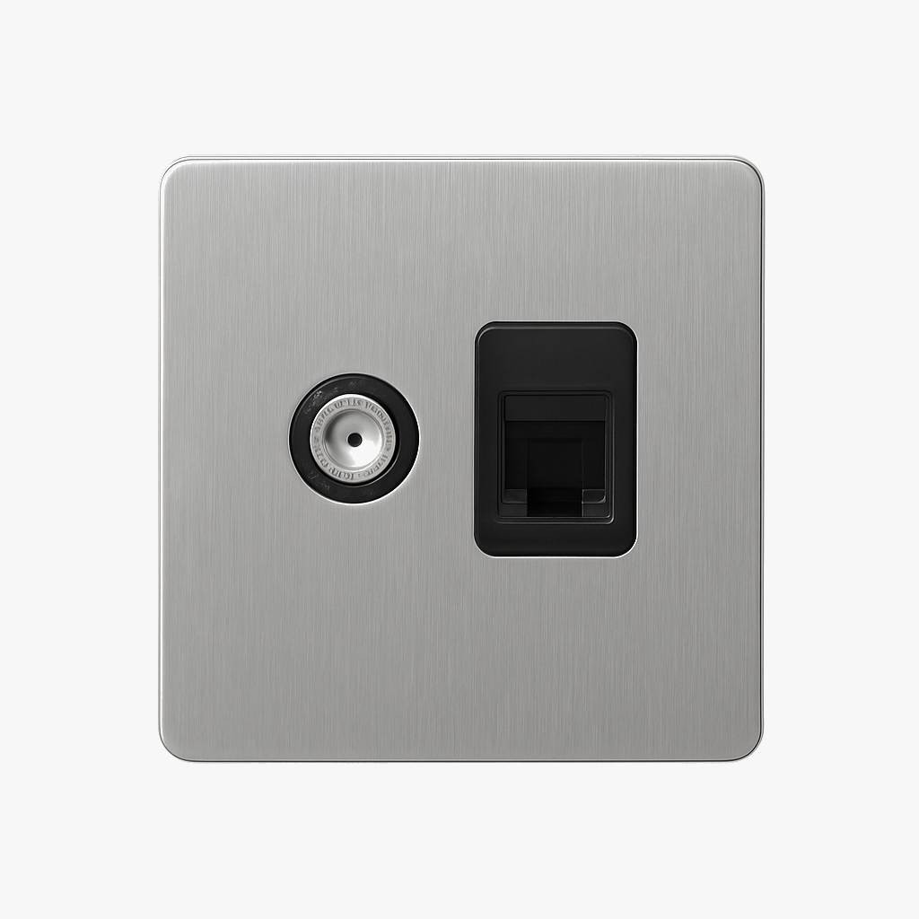 Prise TV et RJ45 en acier gris clair brossé bords arrondis