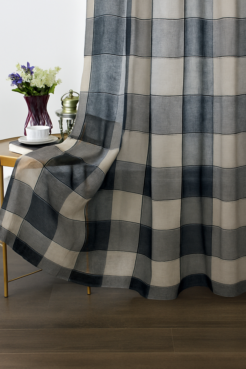 rideau transparent beige motif carreaux retro