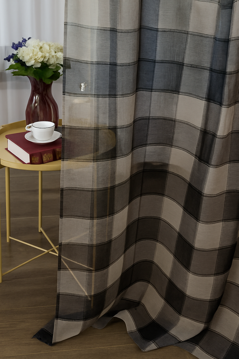 rideau transparent beige motif carreaux retro